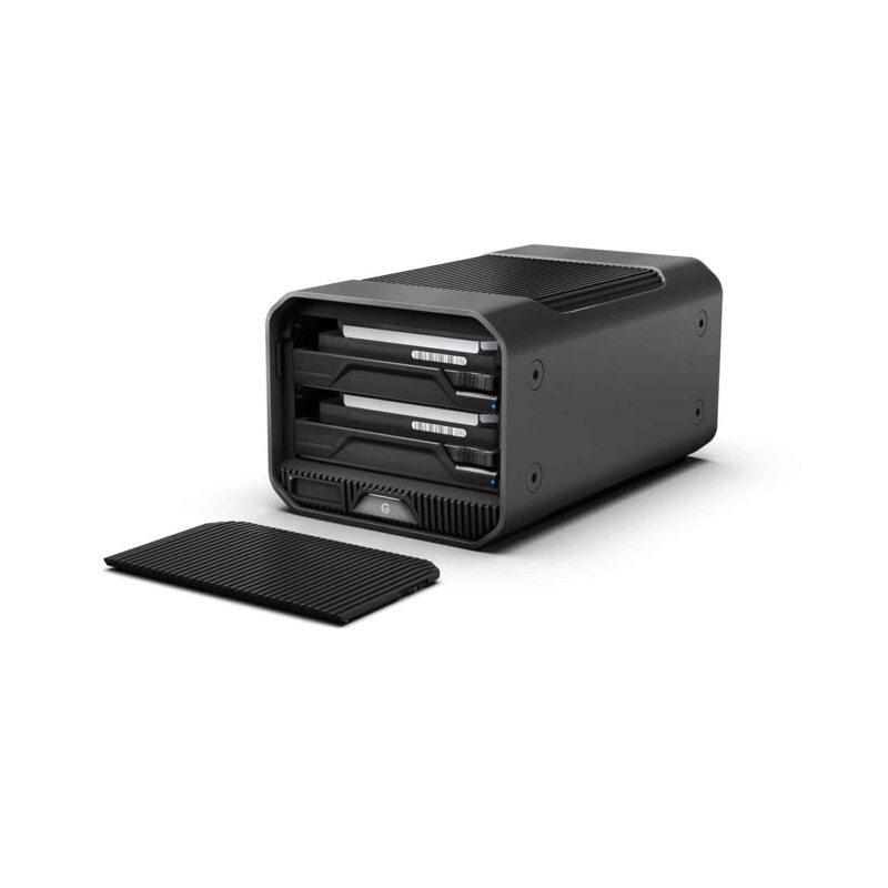 Product: SanDisk Professional G-RAID PROJECT 2, 3Q Left Door Dow G-RAID Project 2 front - open panel